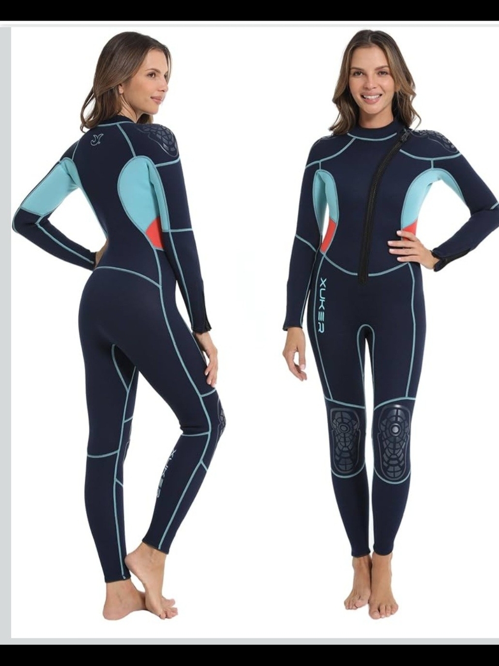 Women's Full-Length Navy Wetsuit with Light Blue and Coral Accents